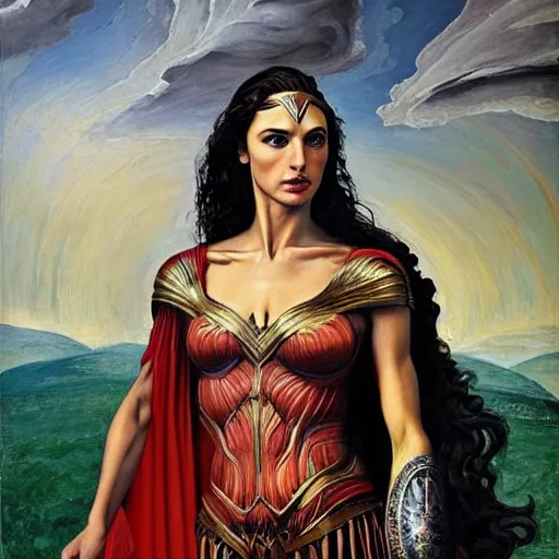 Image similar to Full body oil painting of the beautiful woman Gal Gadot, she is wearing some withe ancient greek cloths and a surreal ornate, her hair is natural disheveled, naturalism, dramatic lighting, high-detailed oil painting by Ilya Repin, Michelangelo da Caravaggio, William Blake, Alex Grey and Beksinski, trending on Artsatio, masterpiece, 4k, 8k,