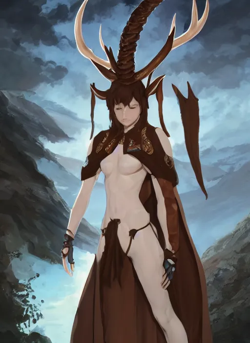 Prompt: concept art painting of an androgynous assassin with brown skin and short white hair, demon horns, deer ears, blue tunic and robes, detailed, d & d style, cel shaded, in the style of ruan jia and artgerm and makoto shinkai and james gurney