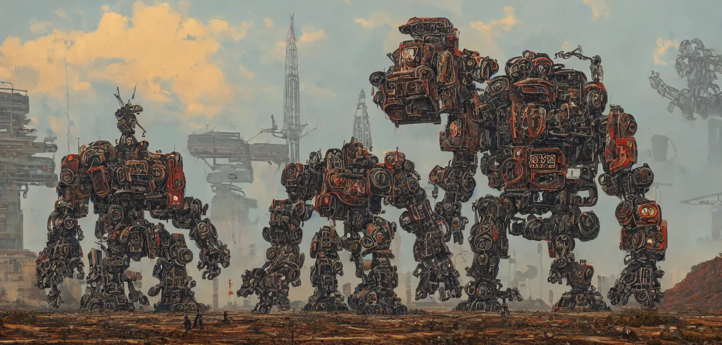 Image similar to an intricate oil painting of a giant chinese armored gorilla shaped scrap metal mecha by simon stalenhag, soviet decals