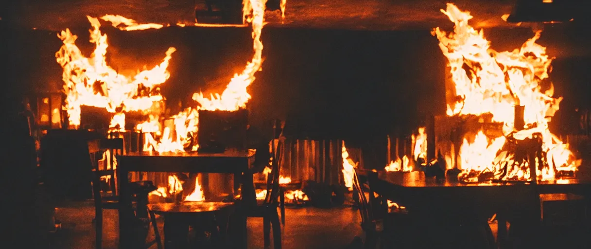 Image similar to a studio photograph (flash on) of a big fire on a dining room on fire, an human-like relaxed dog sitting on a wooden chair at a table (no fire at all there), lights on, ☕ on the table, surrounded by flames, a lot of flames behind the dog, black smoke instead of the ceiling, no watermark