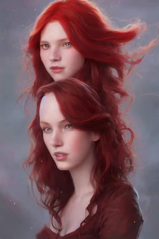 Image similar to beautiful cute red haired joyful and playful 1 9 year old girl, long hair, sci - fi, fantasy, intricate, elegant, digital painting, artstation, concept art, smooth, 8 k frostbite 3 engine, ultra detailed, art by artgerm and greg rutkowski and magali villeneuve