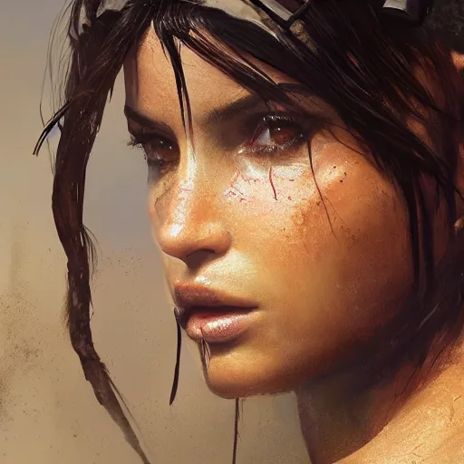 Image similar to a potrait of Emily Ratajkowski as Lara Croft Tomb Raider by Greg Rutkowski, Sung Choi, Mitchell Mohrhauser, Maciej Kuciara, Johnson Ting, Maxim Verehin, Peter Konig, 8k photorealistic, cinematic lighting, HD, high details, dramatic, trending on artstation, full body shot