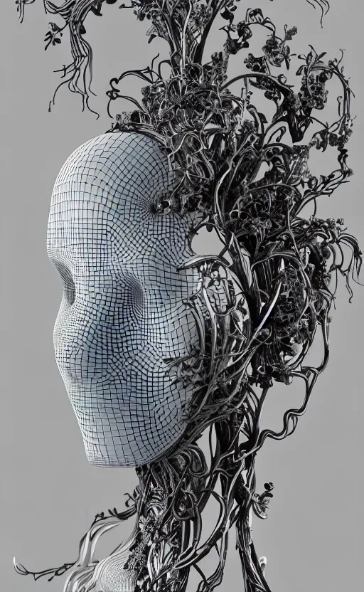 Image similar to black and white complex 3d render of 1 beautiful profile woman porcelain face, vegetal dragon cyborg, 150 mm, sinuous silver metallic ghost orchid flower stems, roots, leaves, fine lace, maze-like, mandelbot fractal, anatomical, facial muscles, cable wires, microchip, elegant, highly detailed, black metalic armour with silver details, rim light, octane render, H.R. Giger style, David Uzochukwu