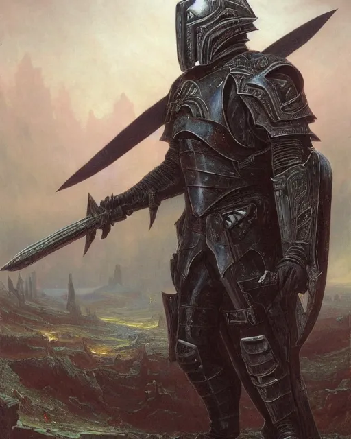 Image similar to a heavily armoured death knight by thomas cole and wayne barlowe