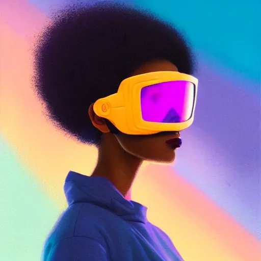 Prompt: beautiful woman wearing opaque reflective goggles profile picture by greg rutkowski, brown skin, long afro hair, asymmetrical, futuristic, pastel neon colors, streetwear, studio ghibli, organic painting, matte painting, geometric shapes, hard edges, street art, trending on the artstation, fantasy lut, realistic by sachin teng,