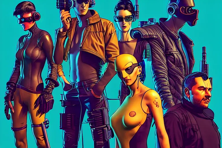 Prompt: cyberpunk heist crew. portrait by stonehouse and mœbius and will eisner and gil elvgren and pixar. character design. realistic proportions. dystopian. cyberpunk 2 0 7 7 character art, blade runner 2 0 4 9 concept art. cel shading. attractive face. thick lines. the team. detailed interesting characters.