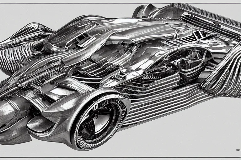 Prompt: pencil art of a futuristic race car factory, by pierre - yves riveau, schematic, hyper detailed, fine details, pencil art, car prototype, engine, car parts