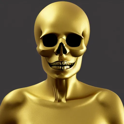 Image similar to half gold half marble statue of a beautiful skull woman, rendered in vray with realflow fluid simulations