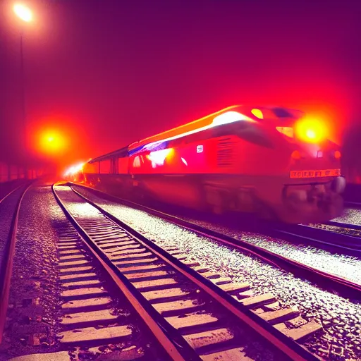 Image similar to photography of busy train station , fog, gigantic monster shape in the fog, small red lights, night, mood, atmospheric, full of colour, digital photography