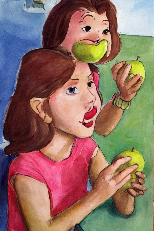 Prompt: a girl eating an apple by dr. suess