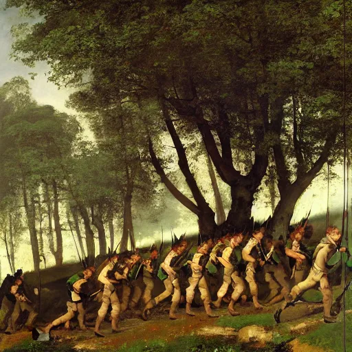 Prompt: soldiers with shields and swords and bows! hiding behind trees! on an elevated hill in a! misty, foggy! forest looking down on a army of gladiators with red capes, walking on a path through the forest below them.! shiny swords, well equiped. painting by gustave courbet, 4 k, realistic, anatomically correct, beautiful