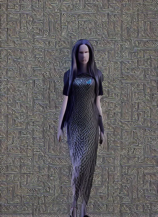 Image similar to : women with covered maze pattern skin hyperbolic background dalle2 3d render unity unrealengine octane