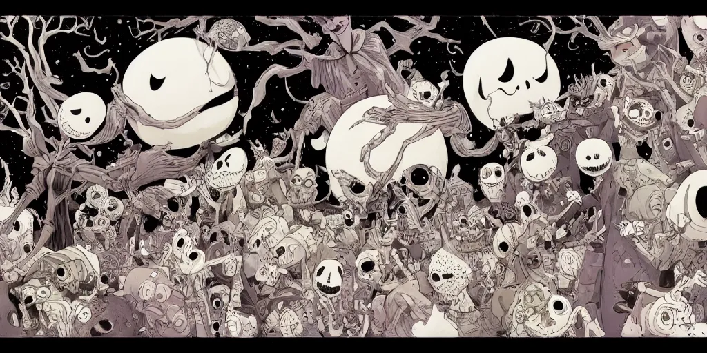 Image similar to a study of cell shaded cartoon of a scene from tim burtons nightmare before christmas, illustration, wide shot, muted colors, concept art by josan gonzales and wlop, by james jean, victo ngai, david rubin, mike mignola, laurie greasley, highly detailed, sharp focus, trending on artstation, hq, deviantart, art by artgem