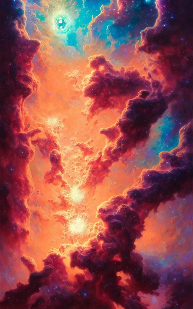 Image similar to psychedelic transcendent puffs of smoke explosion, supernova, nebulae, pillars of creation, enlightenment, high contrast lighting, highly detailed, concept art, art by collier, albert aublet, krenz cushart, artem demura, alphonse mucha