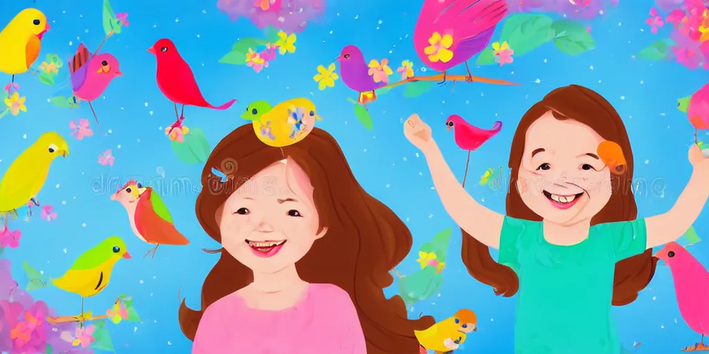 Prompt: little cute girl smiling, cute colorful birds flying around her head, storybook illustration