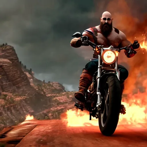 Image similar to kratos jumping a black harley - davidson motorcycle off a cliff, cinematic render, playstation studios official media, god of war 2 0 1 8, flames, centered