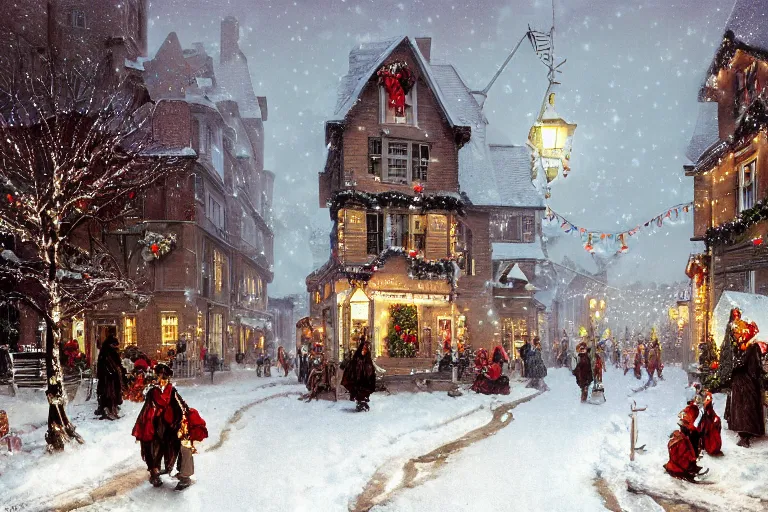 Image similar to a guillotine with christmas lights in the center of town, matte painting, concept art, digital art, trending on artstation, 4 k, extremely detailed, realistic, snowing, by norman rockwell, cinematic, epic