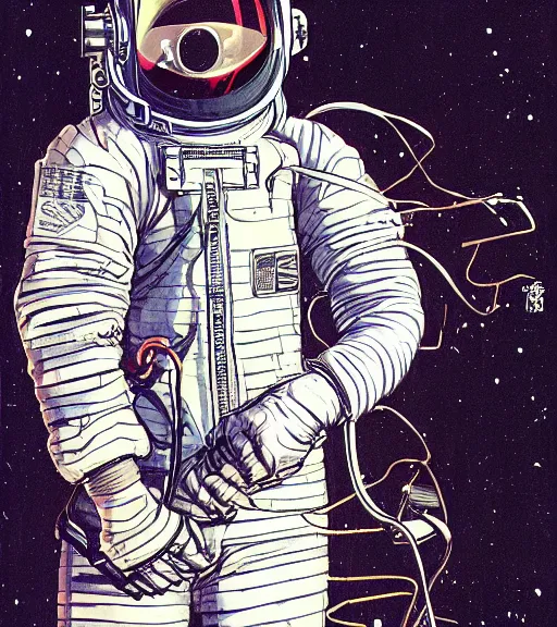 Image similar to cyberpunk japanese man with long limbs and a black spacesuit on a spacewalk outside of their ship, techwear, Industrial Scifi, detailed illustration, character portrait, by Martin Grip and Moebius