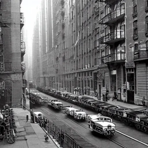 Prompt: This Kind Of Smart, Walkable, Mixed-use Urbanism Is Illegal To Build In Most American Cities, 1910s architecture, new york city, chicago, victorian architecture, art deco, 1940s, tall buildings, skyscrapers, tenement buildings, no cars, pedestrian friendly, bike infrastructure, trolley buses, public transportation, people walking around, apartments, amazing color photograph, award winning, national geographic, highly detailed, gorgeous lighting, photorealistic