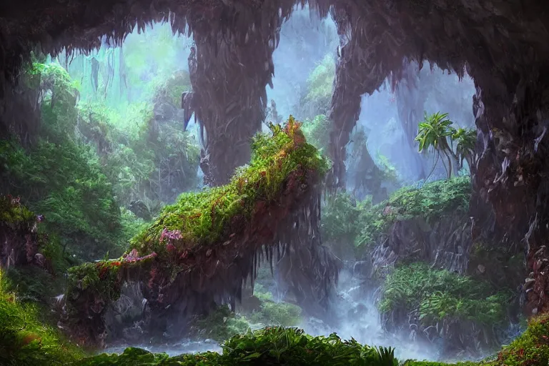 Prompt: Fantastical cave with vegetation by Eywind Earle, trending on artstation