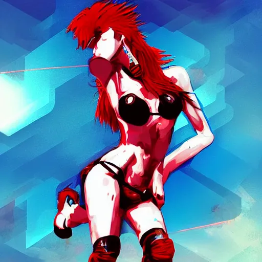 Prompt: cybertronic woman with scarlet red hair and curvacious body at the beach, yoji shinkawa influences, digital painting, synthwave, anime influences