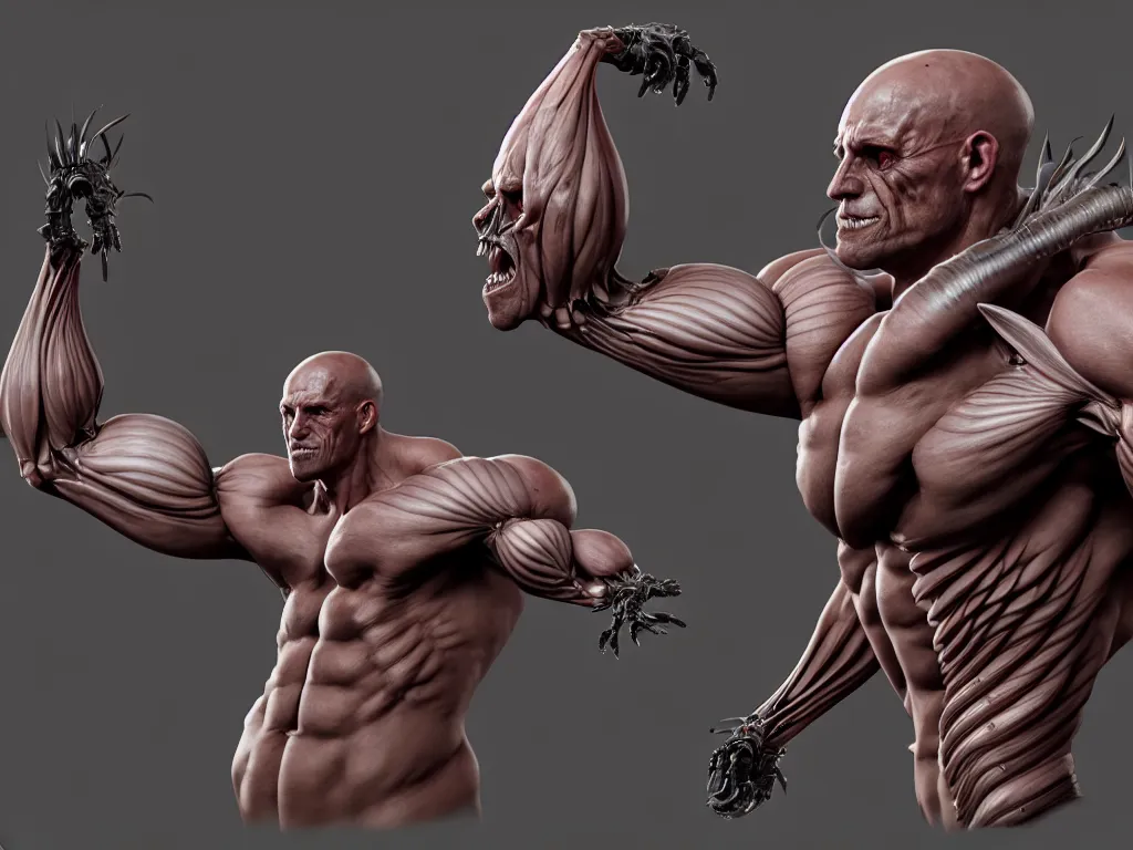 Image similar to game concept art, muscular, exoskeleton, chiroptera ears, isopod, hyperrealism, fine detail, artstation, cgsociety, zbrush, no background