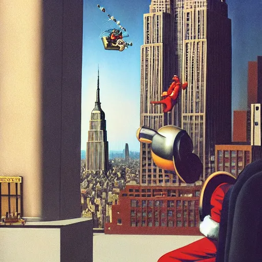 Image similar to Santa buzzing/flying past the empire state building whilst wearing his jetpack greg rutkowski giorgio de chirico john currin clarence holbrook carter mark ryden simon stalenhag