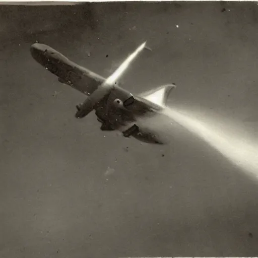 Image similar to highly detailed photograph of a plane being shot out of the sky in ww2, exploding violently, fuselage splitting apart from the impact, historic archive, cinematic