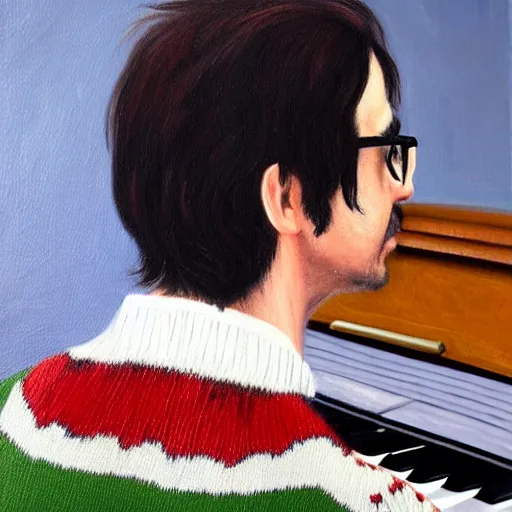 Image similar to An Oil Painting of the back view of Rivers Cuomo in a sweater with long hair and a mustache masterfully playing the piano, hyperrealistic, extremely realistic, highly realistic, HD Quality, 4k resolution, 8k resolution, Detailed, Very Detailed, Highly Detailed, Extremely Detailed, Intricate Details, Real, Very Real, Oil Painting, Digital Painting, Painting, Trending on Deviantart, Trending on Artstation