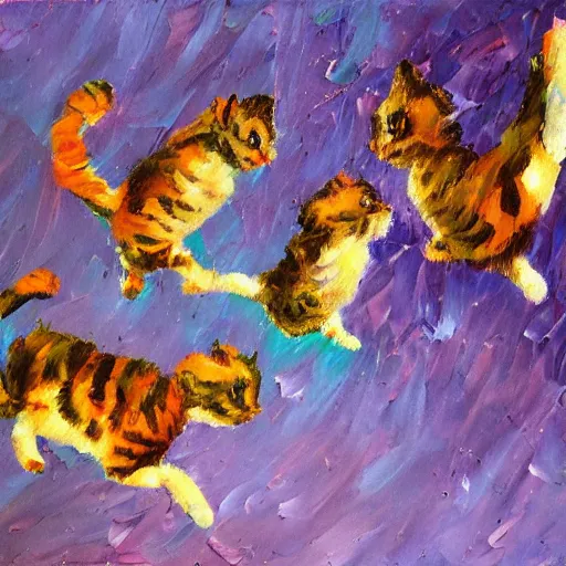 Image similar to palette knife oil painting of a flock of flying kittens