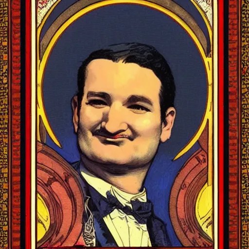 Image similar to ted cruz portrait by louis - theophile hingre, zodiac, tarot cards, planets, ethereal, art nouveau