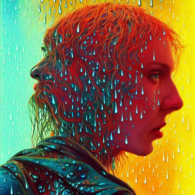 Image similar to bright asthetic portrait of LSD in rain with wet hair and face, liquid, fantasy, intricate, elegant, dramatic lighting, highly detailed, lifelike, photorealistic, digital painting, artstation, illustration, concept art, smooth, sharp focus, art by John Collier and Albert Aublet and Krenz Cushart and Artem Demura and Alphonse Mucha