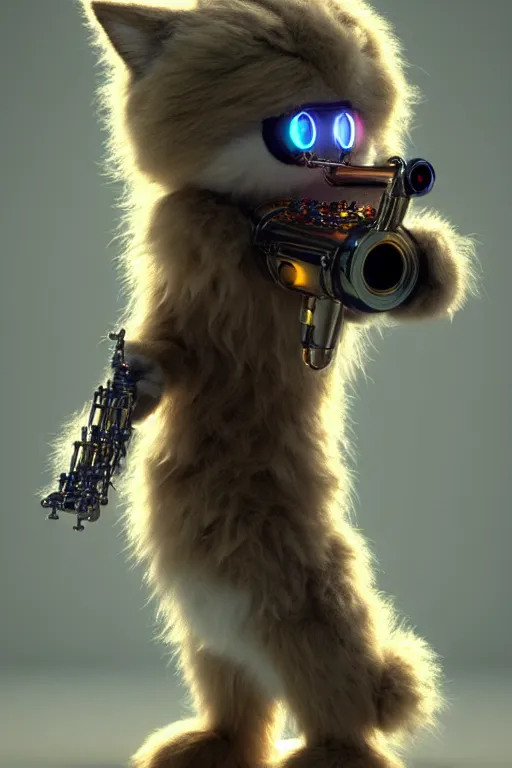 Image similar to high quality 3 d render very cute fluffy cyborg!! cat plays trumpet, cyberpunk highly detailed, unreal engine cinematic smooth, in the style of blade runner & detective pikachu, hannah yata charlie immer, moody light, low angle, uhd 8 k, sharp focus