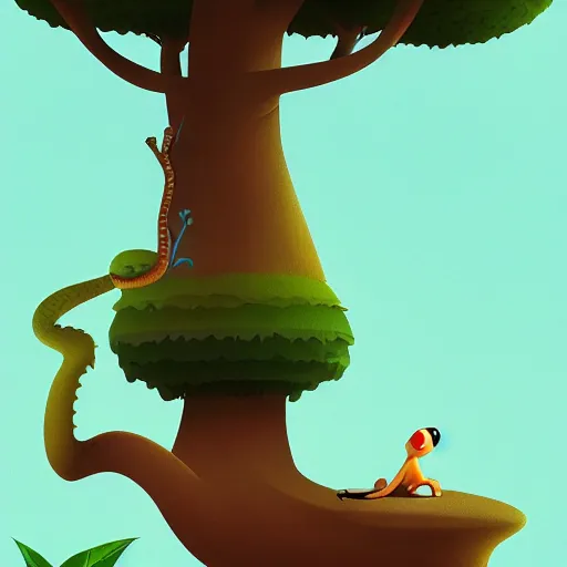 Prompt: Goro Fujita illustrating a snake with geometric figures climbing a large tree in a jungle, art by Goro Fujita, sharp focus, highly detailed, ArtStation