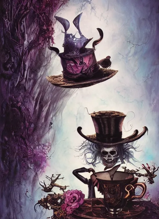 Image similar to Mad Hatter drinking tea with Alice in wonderland,death tarot card,highly detailed,half skull face,cinematic,8k,by Stanley Artgermm,Tom Bagshaw,Greg Rutkowski,Carne Griffiths, Ayami Kojima, Beksinski, Giger,trending on DeviantArt,hyper detailed,horror, full of colour