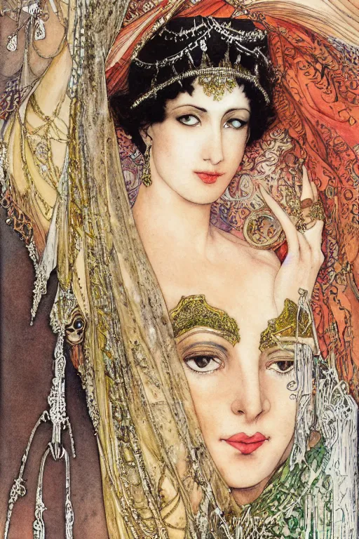 Prompt: detailed portrait of mata hari closeup face surrounded by swirling sari fabric frame, art by luis royo and walter crane and kay nielsen, watercolor illustration, sharp focus