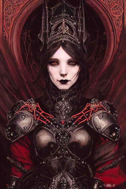 Image similar to beautiful luxury and gothic and victorian and evil medieval female reddish and black color armor knight portrait+smoky eyes+light flowing hair, in ruin gothic cathedral, ultradetail face, art and illustration by tian zi and craig mullins and WLOP and alphonse mucha, fantasy, intricate complexity, human structure, fantasy world concept, watermark, blurry, hyperrealism 8k