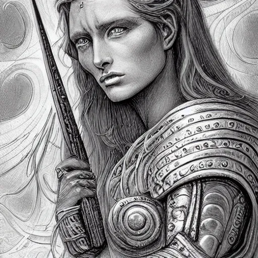 Image similar to jeanne d'arc in the style of william blake, terese nielsen, detailed, intricate, beautiful faces, steve argyle