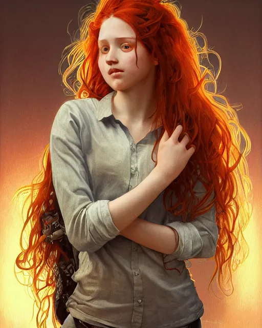 Image similar to portrait of 1 4 - year - old girl with flaming red hair, a lot of freckles, and bright brown eyes, wearing shirt, hyper realistic face, beautiful eyes, fantasy art, in the style of greg rutkowski, intricate, alphonse mucha, hyper detailed, smooth