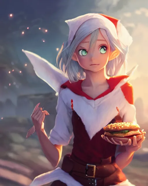 Prompt: adorable elf girl holding a burger, lord of the rings aesthetic, single subject, close centered shot of burger, ambient lighting, white hair, detailed face, by makoto shinkai, stanley artgerm lau, wlop, rossdraws