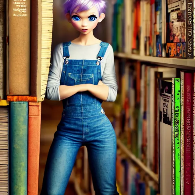 Image similar to full body pose, beautiful adult fairy, pixar, short white hair shaved sides, dirty, grungy, grunge, long sleeve, painted overalls, stacks of giant books, highly detailed, 4 k, hdr, smooth, sharp focus, high resolution, award - winning photo, artgerm, photorealistic