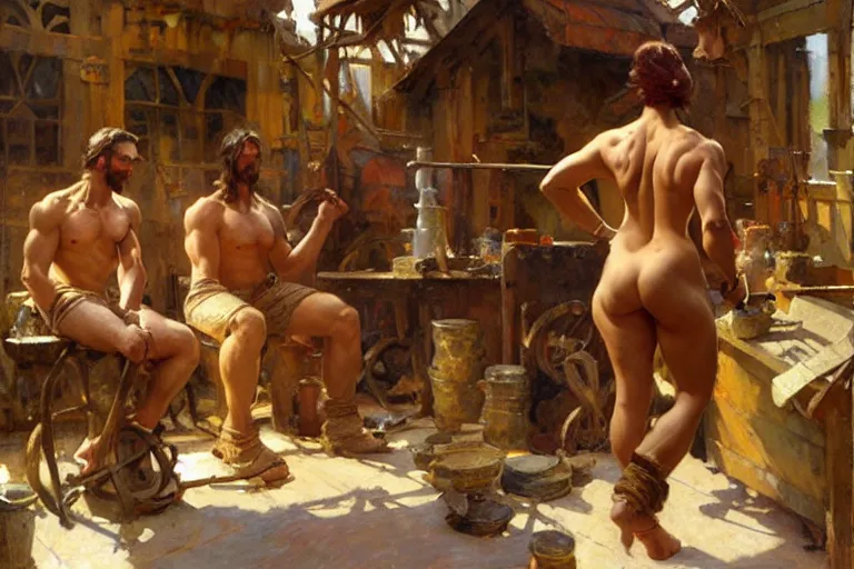 Prompt: muscular attractive blacksmiths in workshop, painting by gaston bussiere, craig mullins, greg rutkowski, alphonse mucha