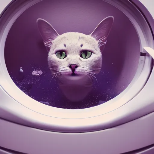 Image similar to a cat stuck in a washing machine on the moon, cinematic lightning, 8k, octane render,
