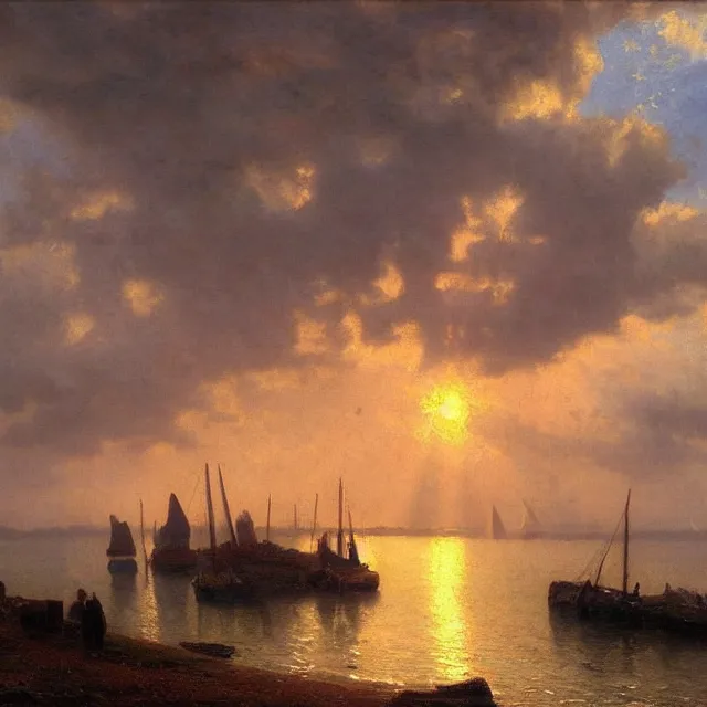 Prompt: stunning high quality landscape painting of a cornish fishing port at sunset by albert bierstadt, highly detailed, sharp focus, volumetric lighting, dramatic light, crepuscular rays, stormy clouds approaching, trending on artstation, cgsociety, masterpiece