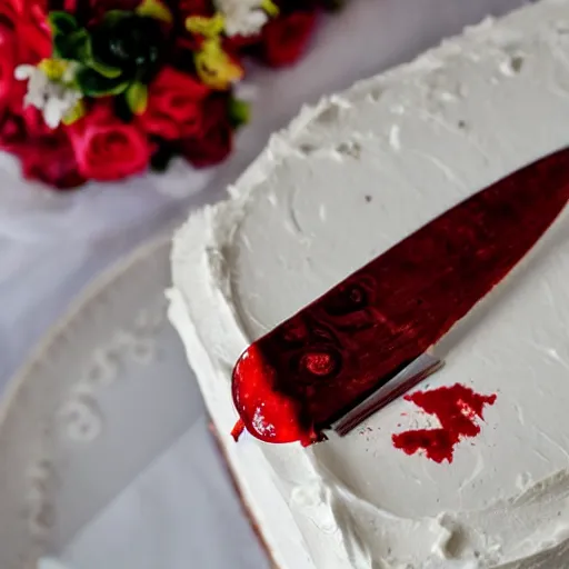 Image similar to wedding cake knife slice with blood dripping from the slice into a contract in a surrealistic style