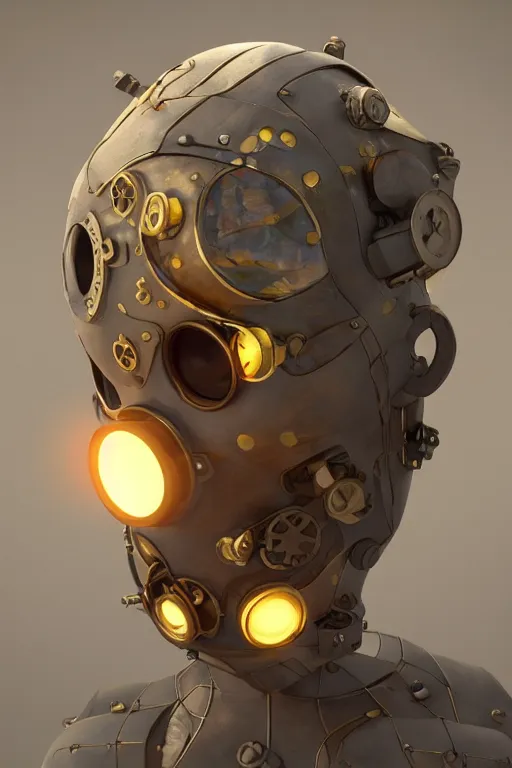 Image similar to steampunk mask minimalist fantasy art robot ninja helmet, global illumination ray tracing hdr fanart arstation by sung choi and eric pfeiffer and gabriel garza and casper konefal radiating a glowing aura