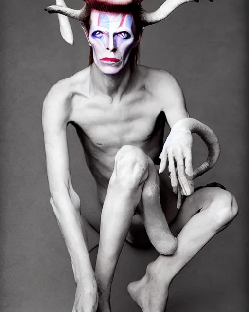 Image similar to David Bowie in Elaborate Pan Satyr Goat Man Makeup and prosthetics designed by Rick Baker, Hyperreal, Head Shots Photographed in the Style of Annie Leibovitz, Studio Lighting