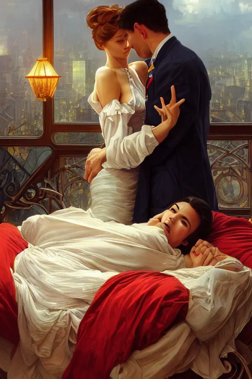 Image similar to portrait of a man in dhl uniform hugging his wife in a bed, feelings, romantic, fantasy, intricate, elegant, highly detailed, digital painting, artstation, concept art, smooth, sharp focus, illustration, art by artgerm and greg rutkowski and alphonse mucha