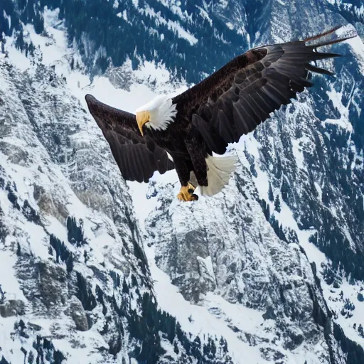 Prompt: photo of a giant bald eagle with mountain