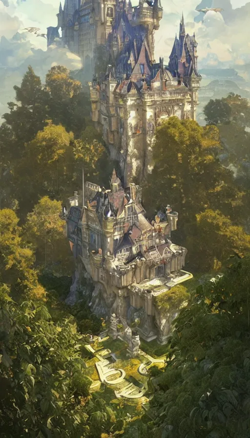 Image similar to castle seen from the sky, cyberpunk, design on white background, beautiful details, lush foliage, drawn by john singer sargent, tom bagshaw, norman rockwell, alphonso mucha, lolish, trending on artstation